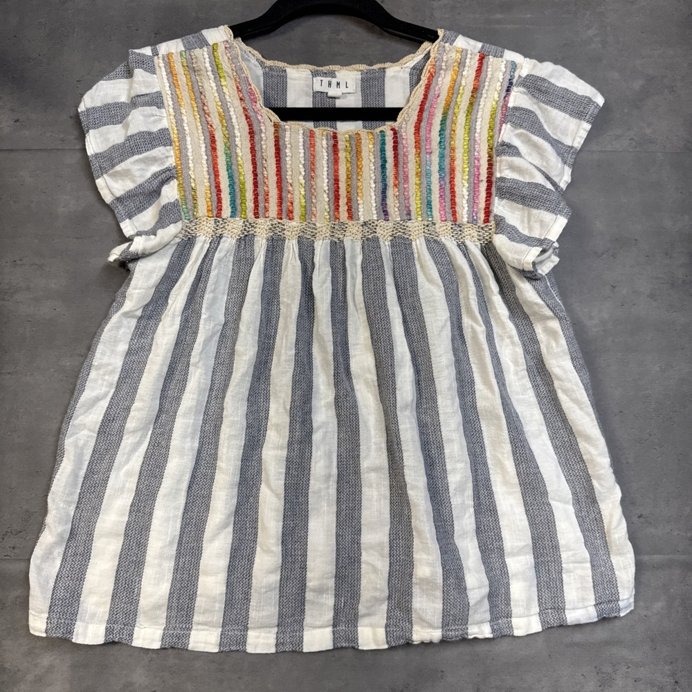THML blue and white striped boho blouse Vertical Yarn Fringe Puffy Sleeves Small